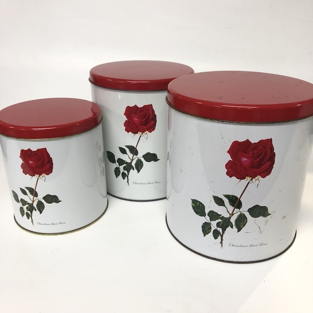 CANNISTER SET, White w Red Rose and Lid (Set of 3)